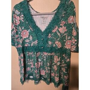 Torrid Green Floral Babydoll Super Soft Knit Top, Lace Trim, Plus Size 3, GUC